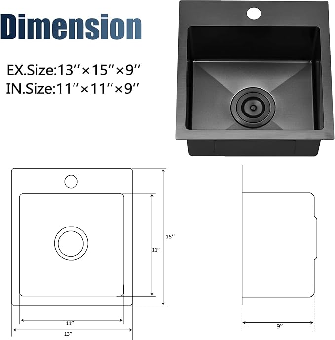 Hotis Drop in Black Bar Sink, 13x15 Inch Topmount RV Small Gun Black Kitchen Sink, Handmade Stainless Steel Wet Bar Sinks, Outdoor Single Bowl with Dish Grid & Drain
