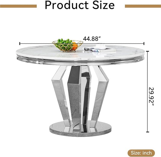 Round Marble Dining Table for 4 6，Modern 45" White Silver Kitchen Table with Faux Marble Top & Diamond Design Pedestal Base, American-Style Round Dining Room Dinner Table,Home Kitchen Furniture