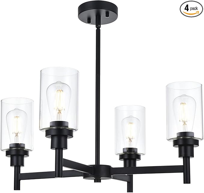 VINLUZ 4 Light Glass Farmhouse Chandelier Black Kitchen Lighting Fixture Hanging with Cylinder Clear Glass Pendant Light for Dining Room Bedroom