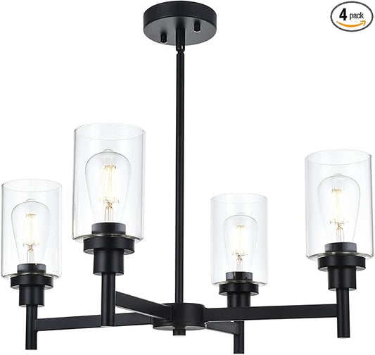 VINLUZ 4 Light Glass Farmhouse Chandelier Black Kitchen Lighting Fixture Hanging with Cylinder Clear Glass Pendant Light for Dining Room Bedroom