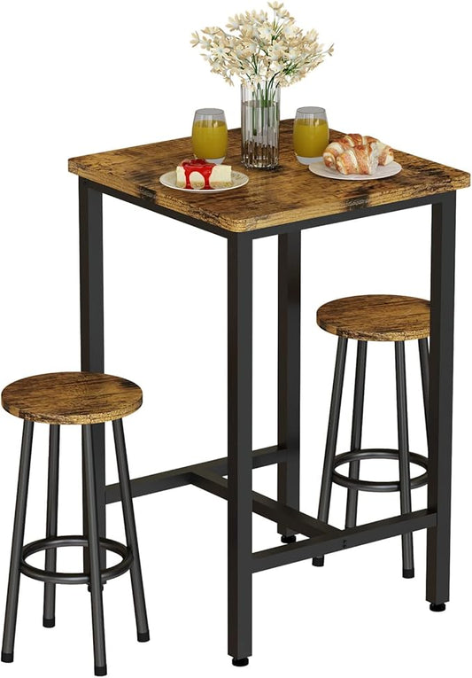 Recaceik 3 Piece Pub Dining Set, Modern bar Table and Stools for 2 Kitchen Counter Height Wood Top Bistro Easy Assemble for Breakfast Nook Living Room Small Space Restaurant, Rustic Brown 24”*