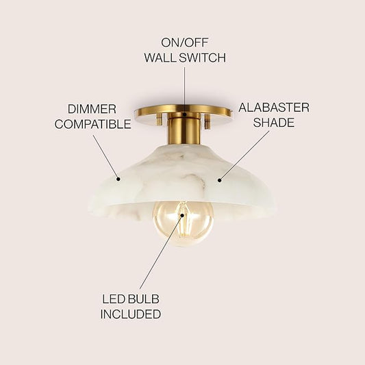 JONATHAN Y 10" White/Brass Gold Modern LED Semi Flush Mount Ceiling Fixture, Alabaster Shade for Hallway Bedroom Foyer, Mid-Century Dimmable Lamp, Edison LED Bulb Included JYL1207A