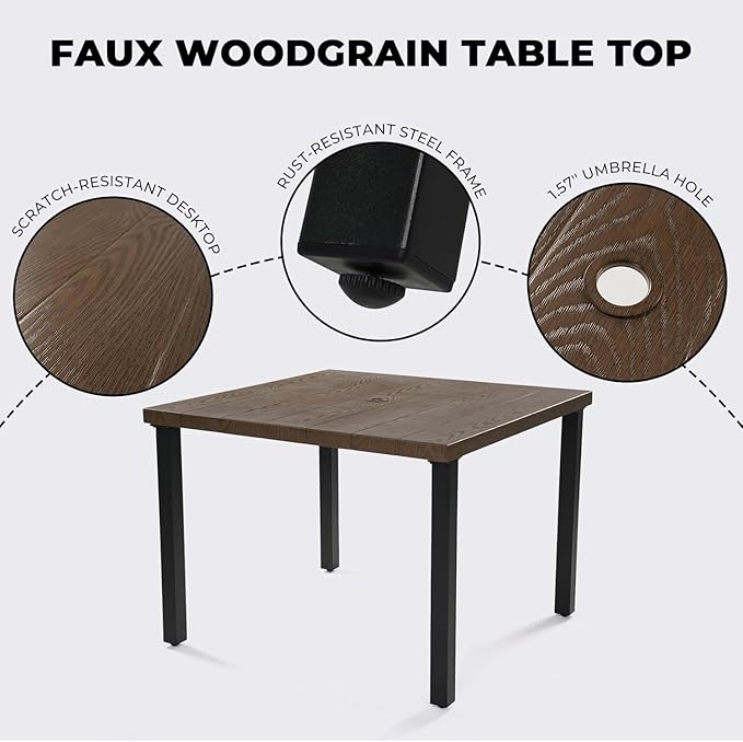 Grand patio 5 PCS Outdoor Dining Set, Metal Woven Wicker Swivel Patio Chairs with Thickened Cushions & 1 Square Woodgrain Dining Table with Umbrella Hole for Backyard Deck (Natural)