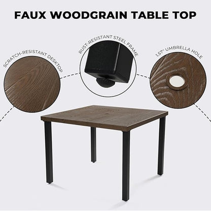 Grand patio 5 PCS Outdoor Dining Set, Metal Woven Wicker Swivel Patio Chairs with Thickened Cushions & 1 Square Woodgrain Dining Table with Umbrella Hole for Backyard Deck (Natural)
