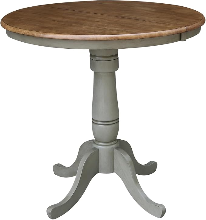 IC INTERNATIONAL CONCEPTS 36" Round Solid Wood Distressed Hickory/Stone Table with 12" Leaf-Counter Height