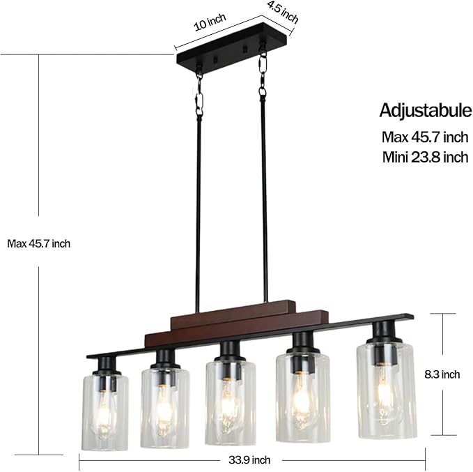 COTULIN 5-Light Farmhouse Kitchen Island Lighting, Dining Room Light Fixture, Rustic Wood Linear Chandelier Hanging, Black Pendant Light with Adjustable Rods and Clear Glass Shades