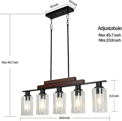 COTULIN 5-Light Farmhouse Kitchen Island Lighting, Dining Room Light Fixture, Rustic Wood Linear Chandelier Hanging, Black Pendant Light with Adjustable Rods and Clear Glass Shades