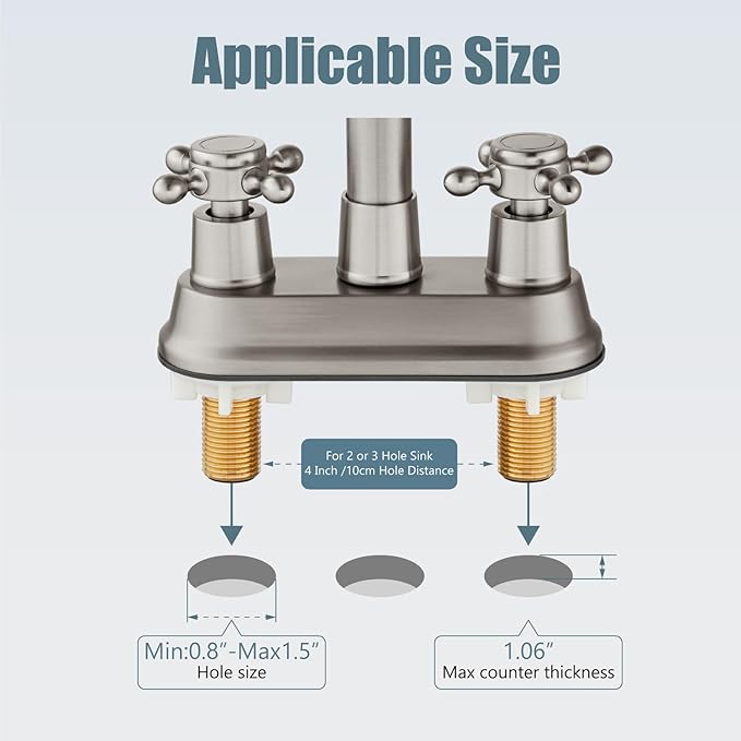 Aolemi 4 Inch Centerset Bathroom Sink Faucet Vintage 2 Cross Handle RV Mixer Tap Basin Vanity Lavatory Utility for Sink 3 Hole Include Hoses Pop Up Drain Faucet Handle Without Label Brushed Nickel