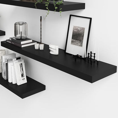 WELLAND 24 inch Black Mission Floating Shelves for Wall, Bathroom Wall Mount Shelves, Wood Modern Display Shelves, Book Shelves,for Bedroom,Living Room and Kitchen