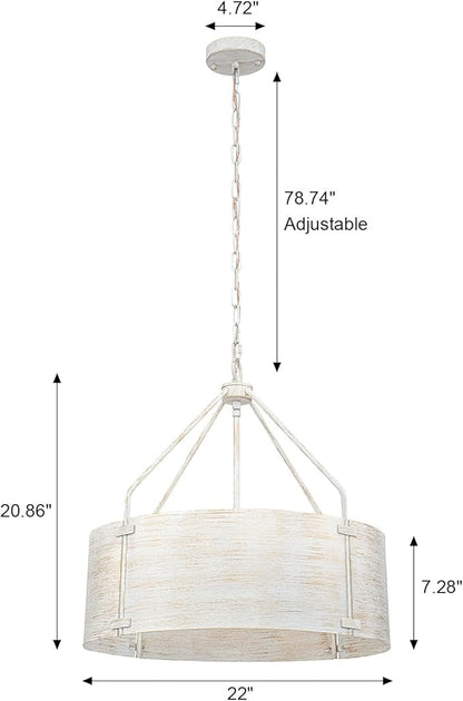 Drum Chandeliers for Dining Room,22" Distressed White Metal Dining Room Light Fixture Over Table, Industrial Vintage Rustic French Pendant Light for Kitchen,Entryway,Living Room