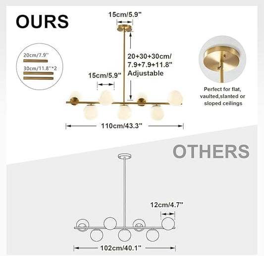 KCO Lighting Modern Brass Linear Chandelier Pendant Light 7-Lights Gold and White Glass Pendant Lighting Mid Century Globe Dining Light Fixture for Living Room Kitchen