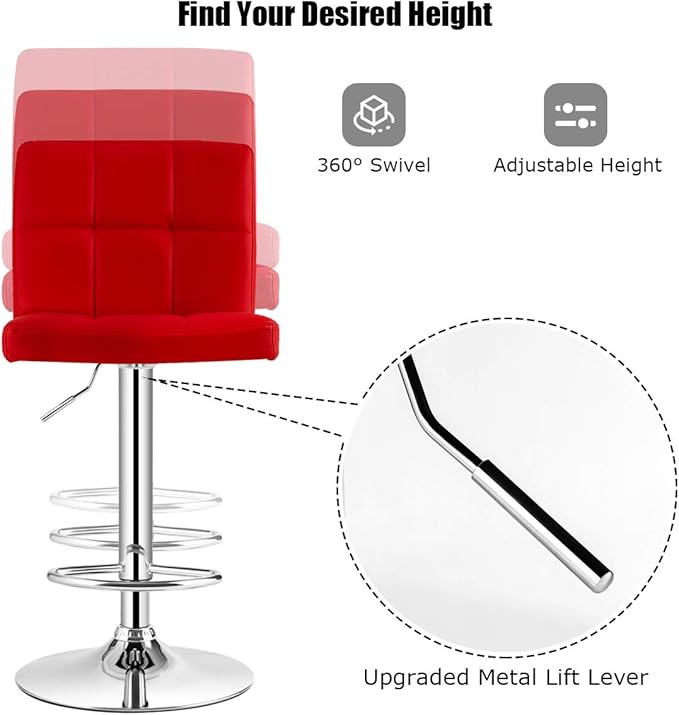 COSTWAY Adjustable Bar Stools Set of 2, Modern Swivel PU Leather Bar Chair with Backrest, Soft Cushioned Seat, Footrest, Sturdy Metal Frame, Comfortable Barstools for Kitchen Island, Pub, Red