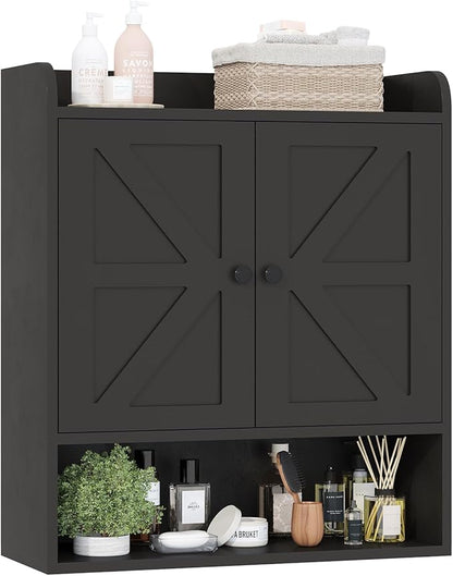 EasyCom 22" W x 26" H Bathroom Wall Cabinet, Farmhouse Medicine Cabinet with Adjustable Shelves and 2 Barn Doors, Over The Toilet Storage Cabinet for Bathroom, Kitchen, Living Room, Black