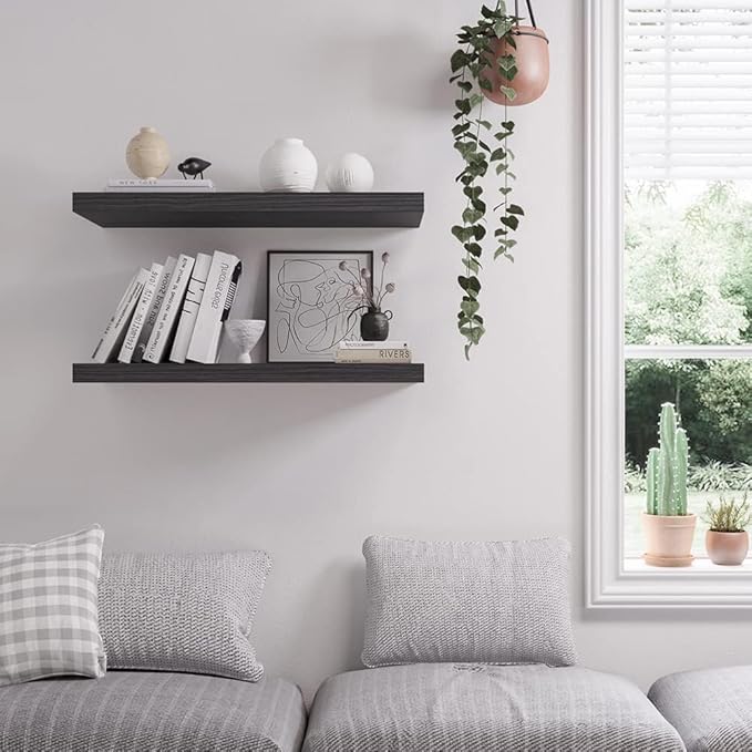 Floating Shelf, Set of 1 Wall Shelf, 24 in W x 12.75 in D x 2 in H Wooden Floating Wall Shelf with Invisible Brackets for Living Room/Bedroom/Bathroom/Kitchen Storage and Decor, Black Wood