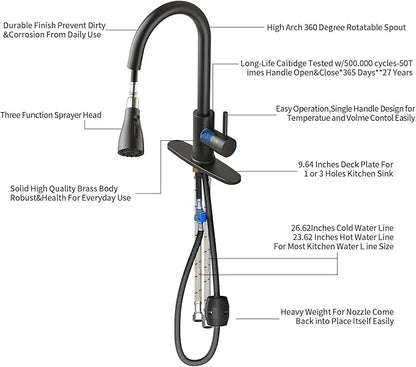 Kitchen Faucet with Pull Down Sprayer，Stainless Steel Single Handle Kitchen Faucet，1/3 Hole, Deck Plate Included，Suitable for farmhouses, Campers, Laundry Rooms, RVs, and Bars(Black)