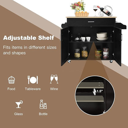 PETSITE Kitchen Island Cart with Storage Cabinet on Wheels, Spice Rack Towel Rack & Drawer (Black)