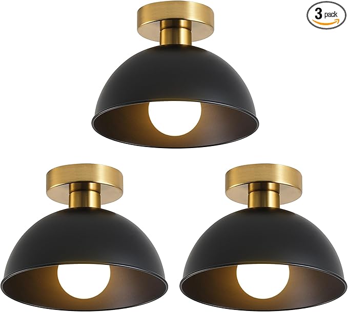 3-Pack Industrial Semi Flush Mount Ceiling Light with Gold Plate and Matte Black Shade, Farmhouse Ceiling Light Fixture for Kitchen Island Dining Room Foyer Hallway Porch Barn Loft，10in