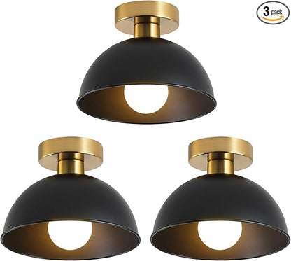 3-Pack Industrial Semi Flush Mount Ceiling Light with Gold Plate and Matte Black Shade, Farmhouse Ceiling Light Fixture for Kitchen Island Dining Room Foyer Hallway Porch Barn Loft，10in