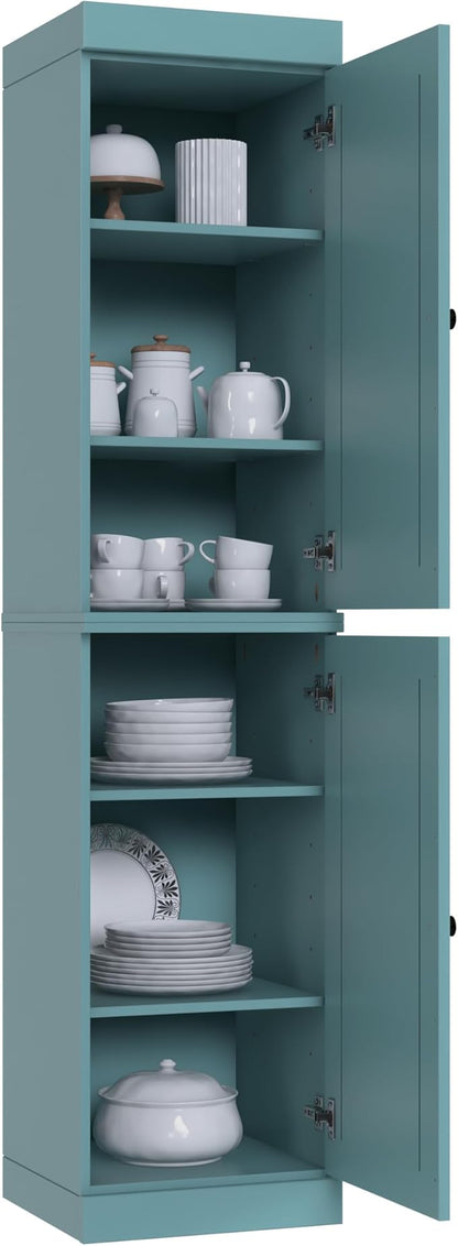 Palace Imports Solid Wood Kitchen Pantry - Narrow Storage Cabinet - Raised Panel Doors, Adjustable Shelves, Aqua, 16.5" Wide x 71.5" Tall, 100% Eco-Friendly Wood, Modular Pantry Cabinet Systems