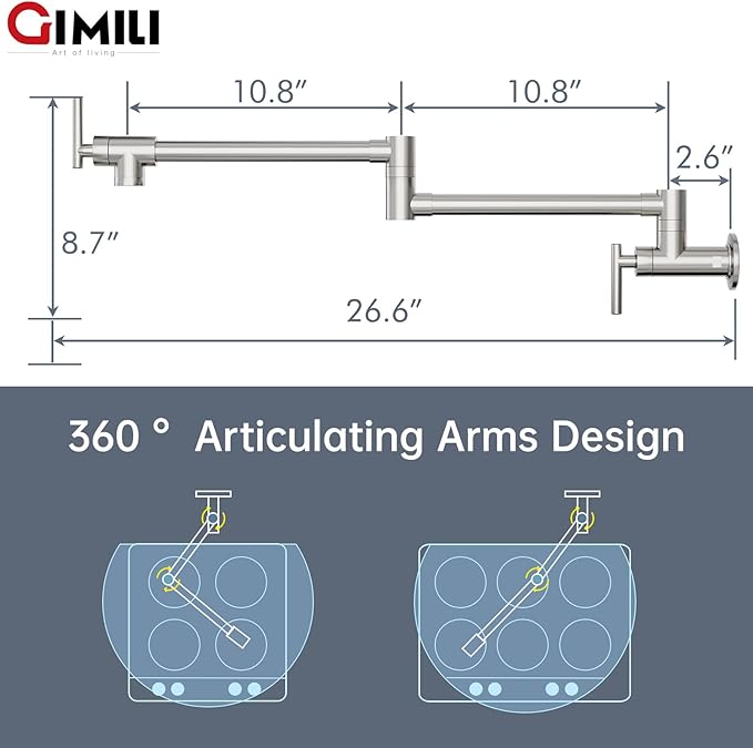 GIMILI Pot Filler Brushed Nickel Commercial Wall Mount Faucet Folding Double Joint Swing Arm Wall Faucet