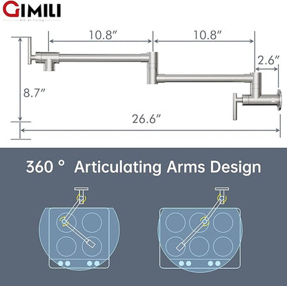GIMILI Pot Filler Brushed Nickel Commercial Wall Mount Faucet Folding Double Joint Swing Arm Wall Faucet