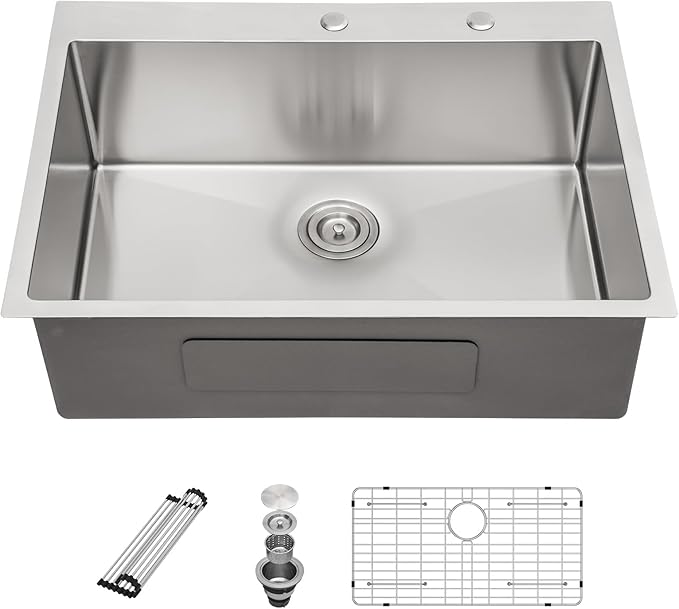 Sarlai 33 Kitchen Sink Drop In - 33 x 22 Inch Kitchen Sink Drop In Stainless Steel Topmount 16 Gauge Deep Single Bowl Above Counter Sinks Basin