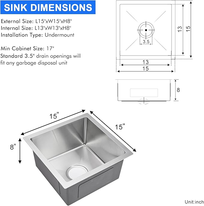 MENATT 15 x 15 Inch Undermount Bar Sink, Single Bowl Handmade Stainless Steel Small Kitchen Bar Sink, 15" x 15" x 8"