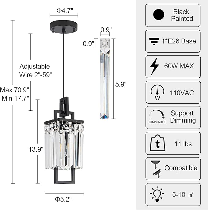 Modern Black Pendant Light Fixtures for Kitchen Island and Dining Room, Industrial Small Hanging Crystal Chandelier Light Fixture for Bedroom Entryway Living Room Foyer Hallway 3-Pack