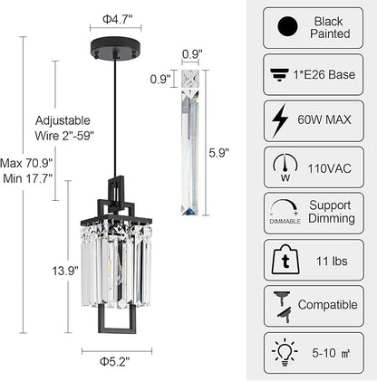Modern Black Pendant Light Fixtures for Kitchen Island and Dining Room, Industrial Small Hanging Crystal Chandelier Light Fixture for Bedroom Entryway Living Room Foyer Hallway 3-Pack