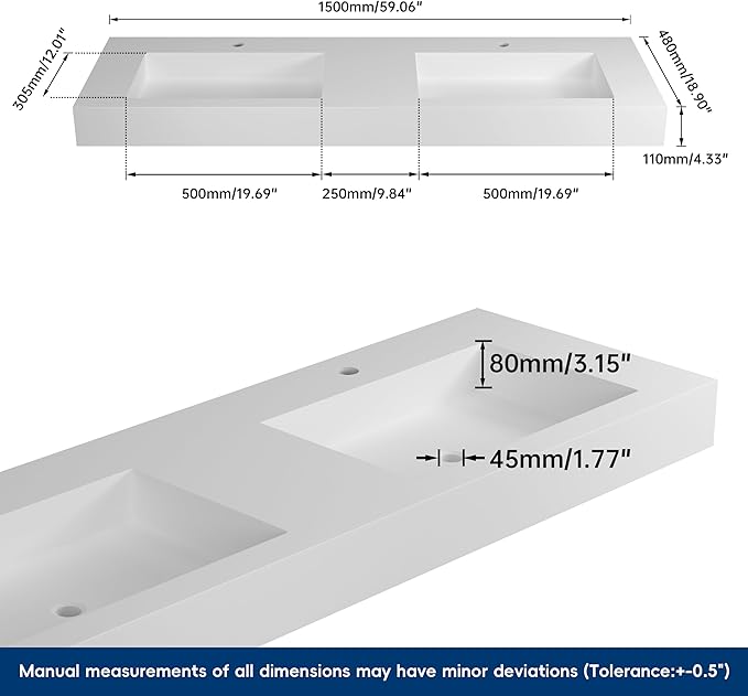 59" Wall Mount Sink Matte Bathroom Vanity Vessel Sinks Artificial Stone Rectanglee Indoor Outdoors Modern Floating or Countertop Freestanding Wall Hang Sink Bowl… (2 Faucet Holes 59'')