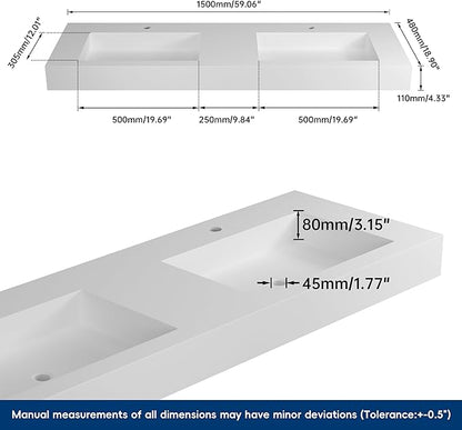 59" Wall Mount Sink Matte Bathroom Vanity Vessel Sinks Artificial Stone Rectanglee Indoor Outdoors Modern Floating or Countertop Freestanding Wall Hang Sink Bowl… (2 Faucet Holes 59'')