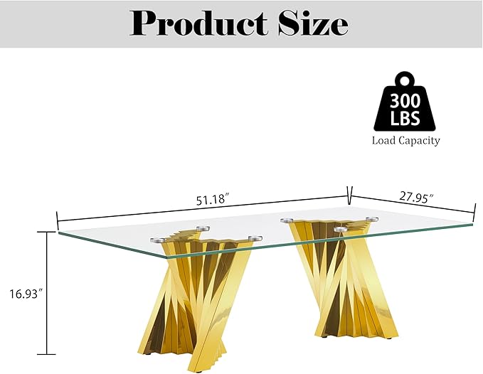 AF ARTISAN FURNITURE Glass Coffee Table, 51 Inch Rectangular Tempered Glass Coffee Table with Stainless Steel Legs, Central Table Cocktail Table Tea Table for Living Room Office, Gold