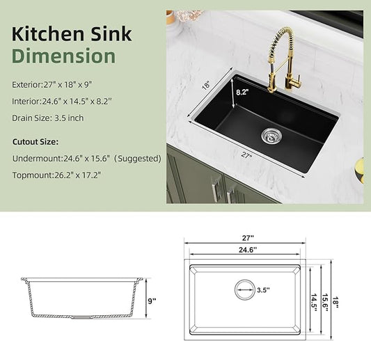 Davivy 27 Inch Black Granite Kitchen Sink Workstation, 27 x 18 Black Undermount/Drop In Kitchen Sink, Deep Quartz Composite Single Bowl with Accessories
