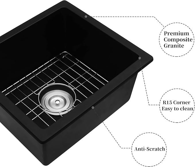 MILOSEN Black Undermount Bar Sink, 16×18 Inch Small Black Wet Bar or Prep Sink, 9 Inch Deep Granite Composite Outdoor Single Bowl Basin with Accessories, Small Quartz Sinks