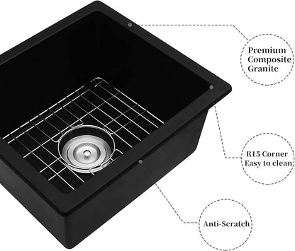MILOSEN Black Undermount Bar Sink, 16x18 inch Small Kitchen Sink, Quartz Single Bowl Kitchen Sinks,Undermount Granire Composite Wet Bar Prep Kitchen Sink