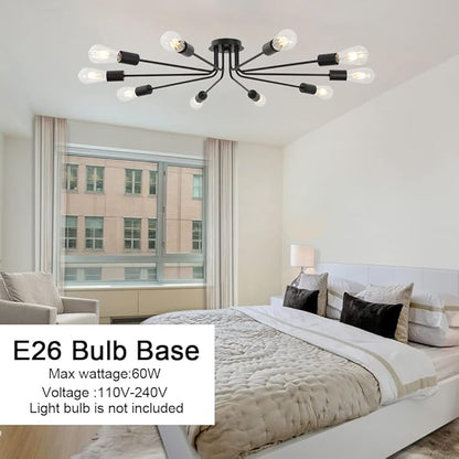 10 Lights Ceiling Light Vintage Metal Semi Flush Mount Light Ceiling Lamp Black Chandelier Lighting Fixture for Living Room Dining Room Kitchen Hallway Cafe