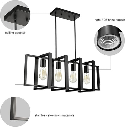 4-Light Island Lights for Kitchen, Rectangular Black Metal Kitchen Island Chandelier 31.5" Adjustable Rustic Modern Dining Room Light Fixtures Over Table, Chandeliers for Dining Room