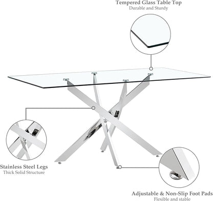 63" Modern Rectangular Glass Dining Table for 4-6, Contemporary Dining Room Table with Tempered Glass Top & Silver Finish Stainless Steel Legs for Kitchen, Home, Dining Room