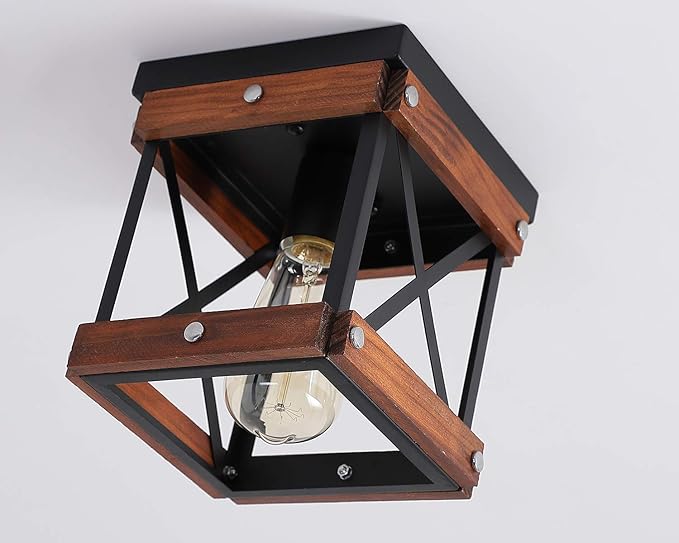 Fivess Lighting Rustic Farmhouse Flush Mount Ceiling Light 1-Light Metal and Wood Cage Mini Semi Flush Mount Light Fixture for Hallway Kitchen Entryway, Black