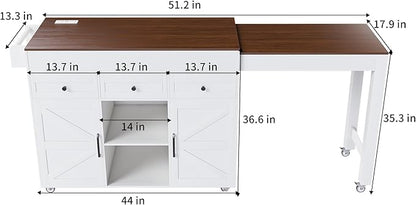 74.8" Kitchen Island with Extendable Dining Table & Power Outlet - Rolling Storage Cart on Wheels with 3 Drawers & 2 Door Cabinet for Dining Room
