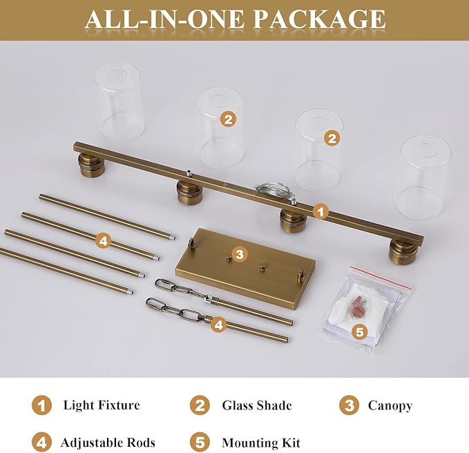 Mecgirn Island Light for Kitchen, Brushed Brass Dining Room Light Fixture Over Table, 4-Light Linear Chandelier Pendant Lighting for Dining Table Kitchen Island Living Room