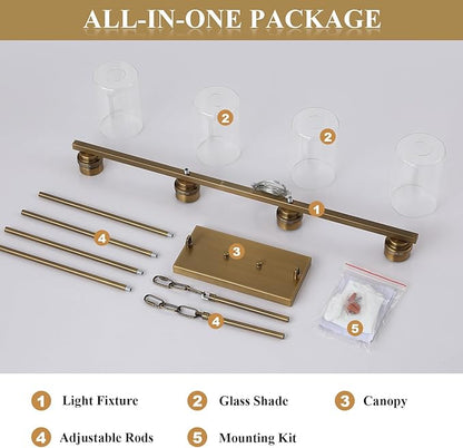 Mecgirn Island Light for Kitchen, Brushed Brass Dining Room Light Fixture Over Table, 4-Light Linear Chandelier Pendant Lighting for Dining Table Kitchen Island Living Room