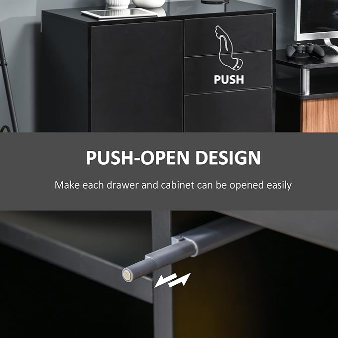 HOMCOM High Gloss Buffet Sideboard with Drawers, Door Cupboards and Adjustable Shelf, Kitchen Storage Cabinet with Push to Open Design, Black
