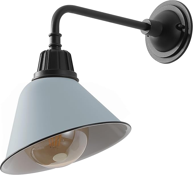 JONATHAN Y 9.63" Matte Silver Blue/Black Farmhouse Outdoor Sconce, Industrial LED Wall Light, Gooseneck Arm Barn Lamp with Metal Bell Shade for Porch, Patio, Kitchen, LED Bulb Included (JYL7612K)