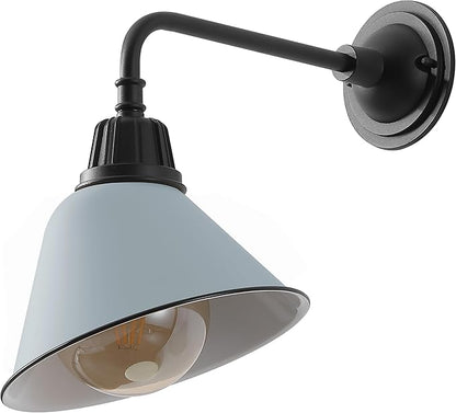 JONATHAN Y 9.63" Matte Silver Blue/Black Farmhouse Outdoor Sconce, Industrial LED Wall Light, Gooseneck Arm Barn Lamp with Metal Bell Shade for Porch, Patio, Kitchen, LED Bulb Included (JYL7612K)