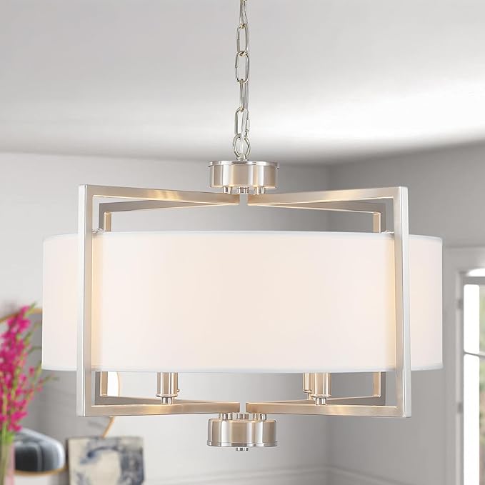 19.7'' Drum Chandeliers for Dining Room, 4-Light Brushed Nickel Rustic Kitchen Island Pendant Lighting with Wihte Fabric Lampshade, Adjustable Hanging Light Fixture for Foyer Bedroom Living Room