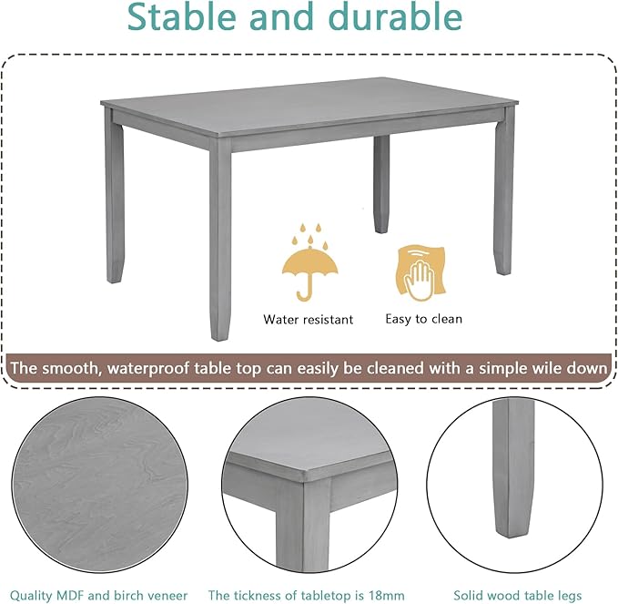 6-Piece Wooden Dining Table Set with 4 Upholstered Chairs and 1 Bench, Rectangular Kitchen Table Set for 6 People, Modern Dining Room Table for Kitchen and Dining, Gray