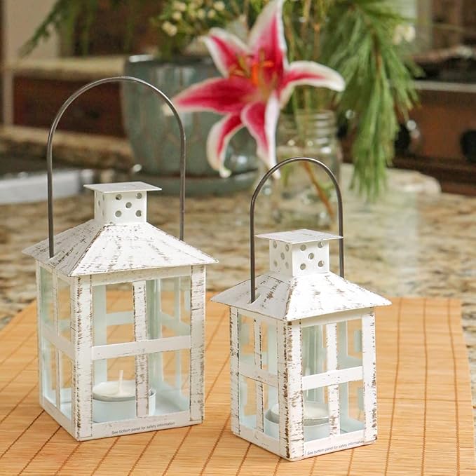 Kate Aspen Decorative Lanterns - Set of 12 - Distressed Metal Vintage Mini Lanterns, Centerpiece for Table, Accent Piece and Home Decor, Favors for Wedding and Baby Showers (White)