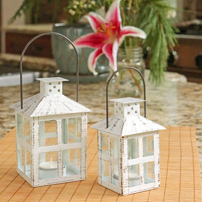 Kate Aspen Decorative Lanterns - Set of 12 - Distressed Metal Vintage Mini Lanterns, Centerpiece for Table, Accent Piece and Home Decor, Favors for Wedding and Baby Showers (White)