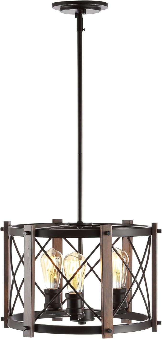 JONATHAN Y 16" Oil Rubbed Bronze 3-Light Farmhouse Drum Pendant Light, Industrial Dimmable LED Chandelier for Kitchen, Iron Metal Basket Shade, Bulbs Included JYL7501A